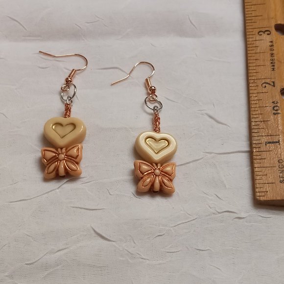 Steel Handmade Hand Crafted Heart & Bow Dangle Earrings Jewelry #54 - Picture 10 of 14